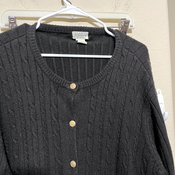 VTG Classic Elements cable knit cardigan Black w/ gold buttons pockets 20/22W - Picture 2 of 6
